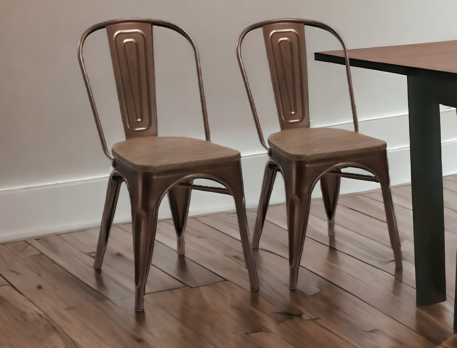 Set of Four Brown Metal and Wood Slat Back Dining Side Chairs