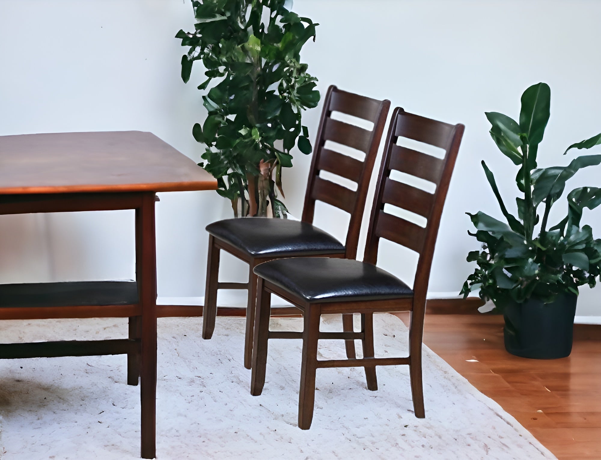 Set of Two Espresso And Brown Upholstered Faux Leather Ladder Back Dining Side Chairs