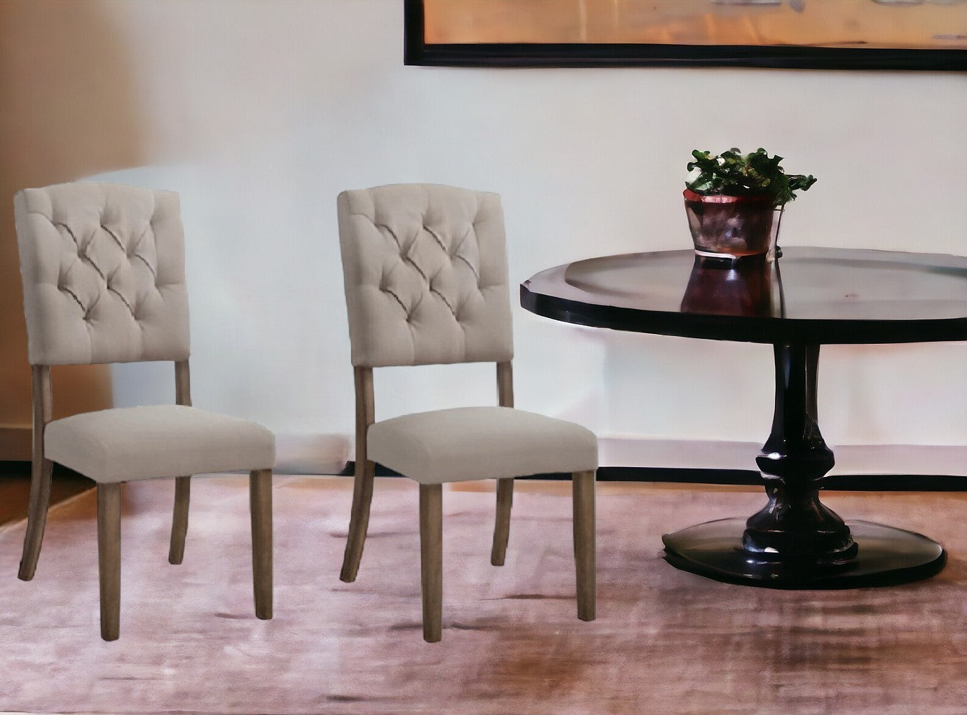 Set of Two Tufted Cream And Brown Upholstered Linen Open Back Dining Side Chairs