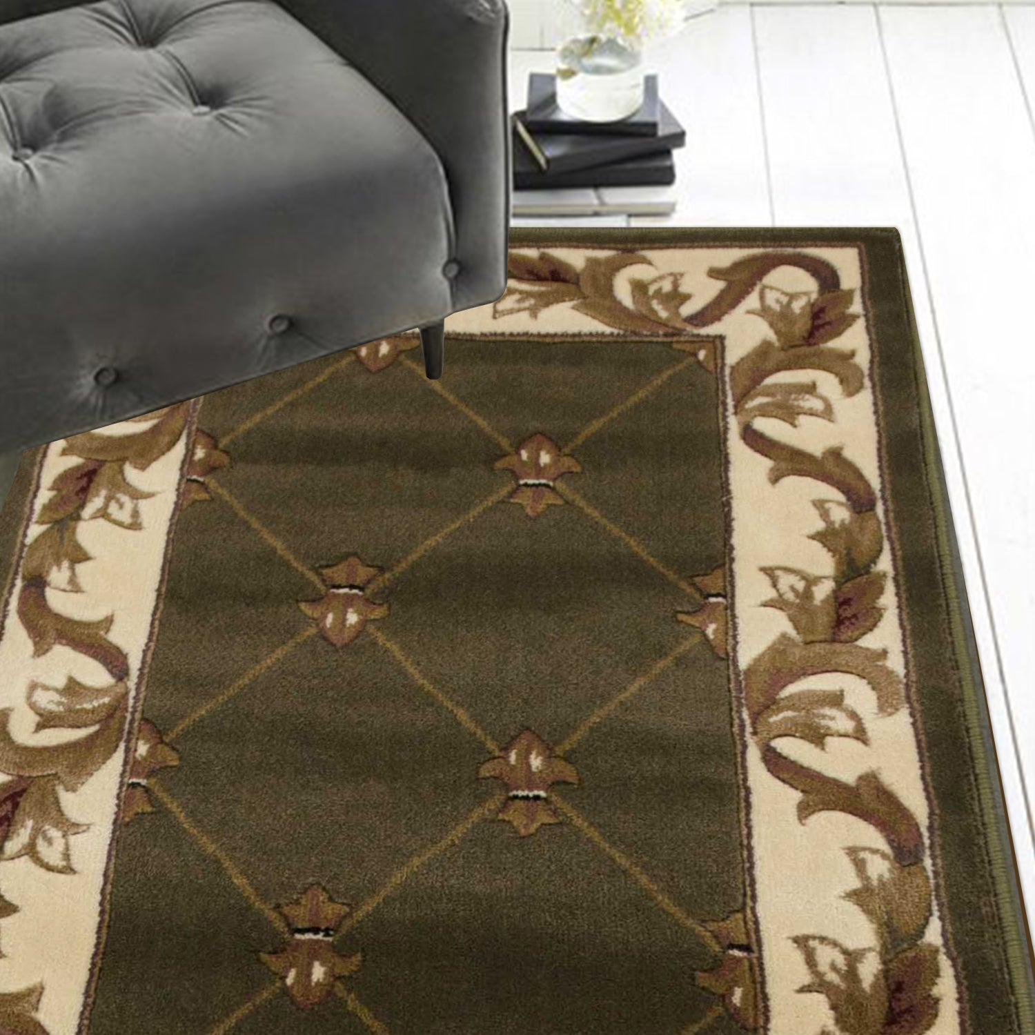 5'X8' Green Machine Woven Hand Carved Fleur De Lis Indoor Area Rug
