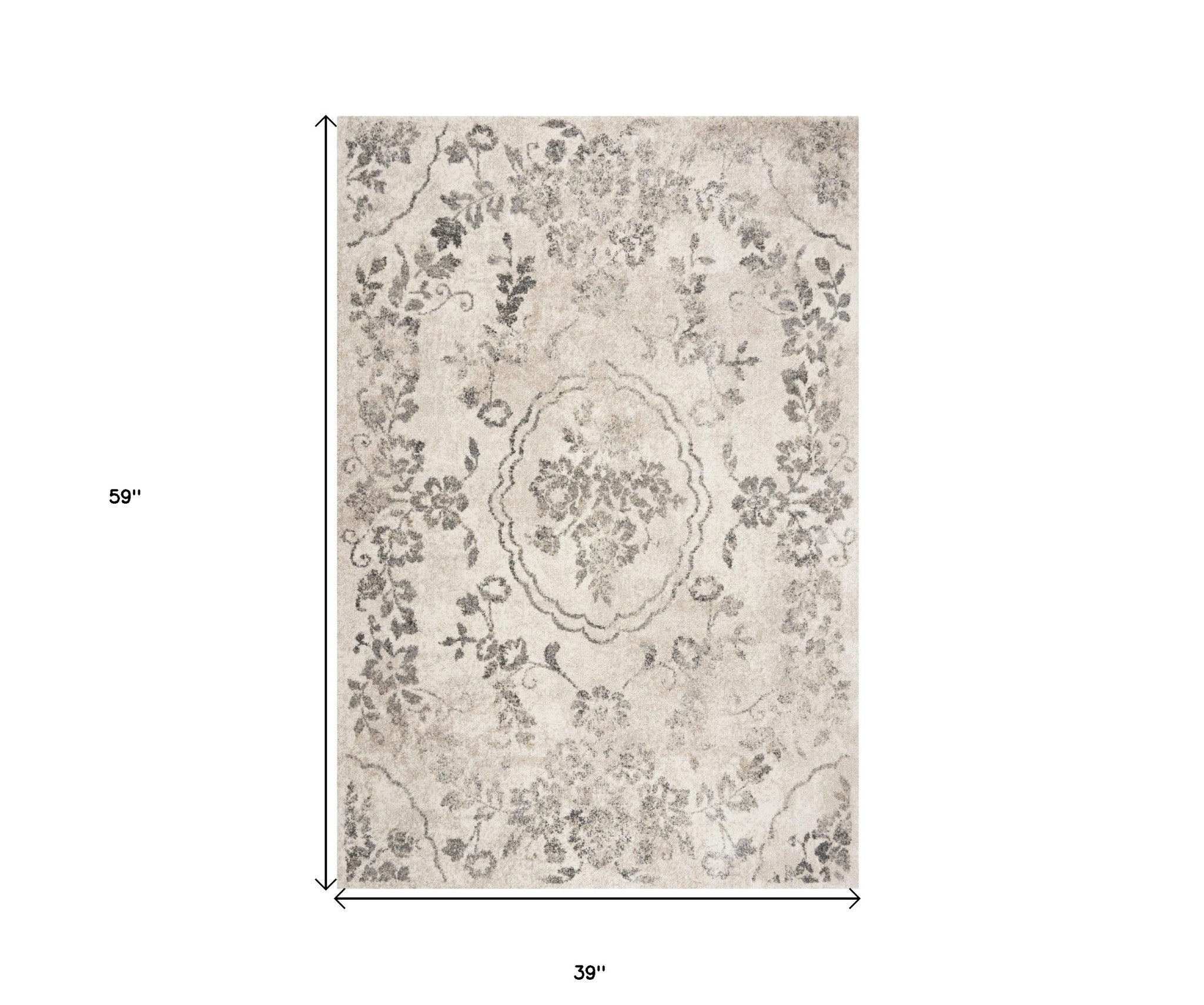 5'X8' Grey Machine Woven Distressed Floral Medallion Indoor Area Rug