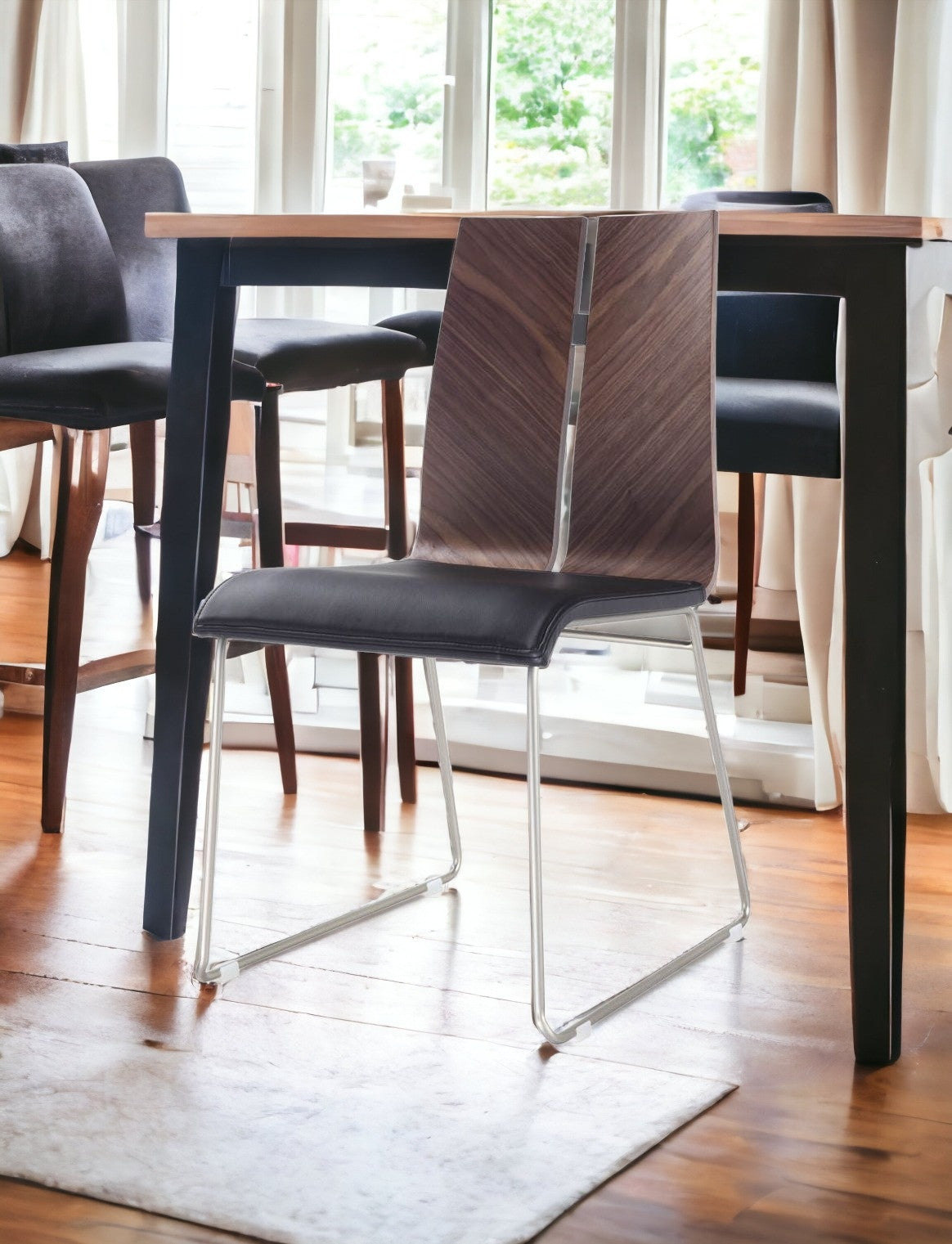 Set of Two Black And Silver Upholstered Faux Leather Dining Side Chairs