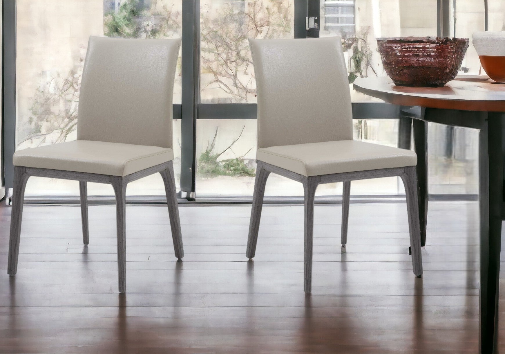 Set of Two Taupe And Gray Upholstered Faux Leather Dining Side Chairs