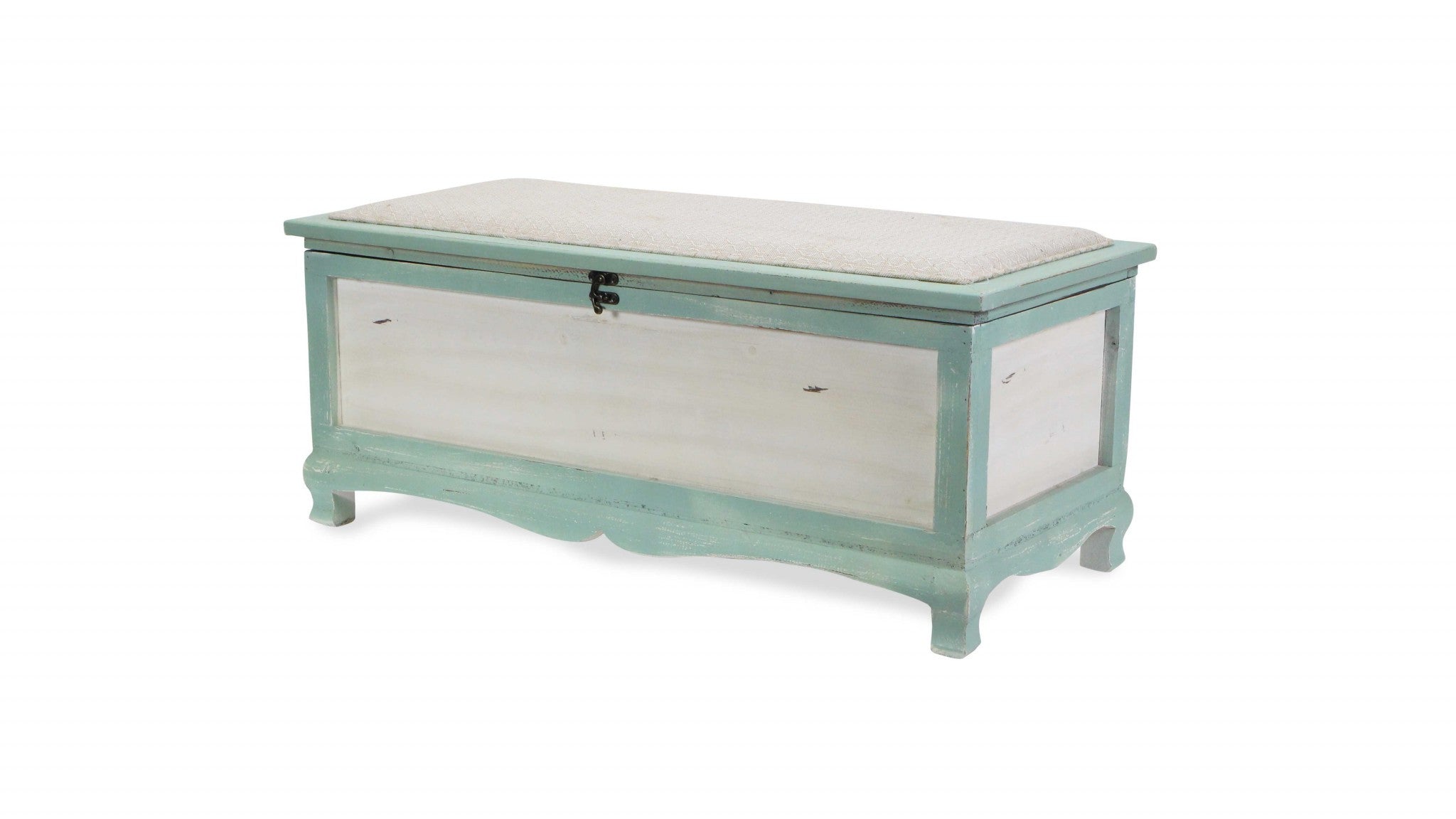 Rectangular Green Wooden With Seat Cushion And Inside Storage Bench