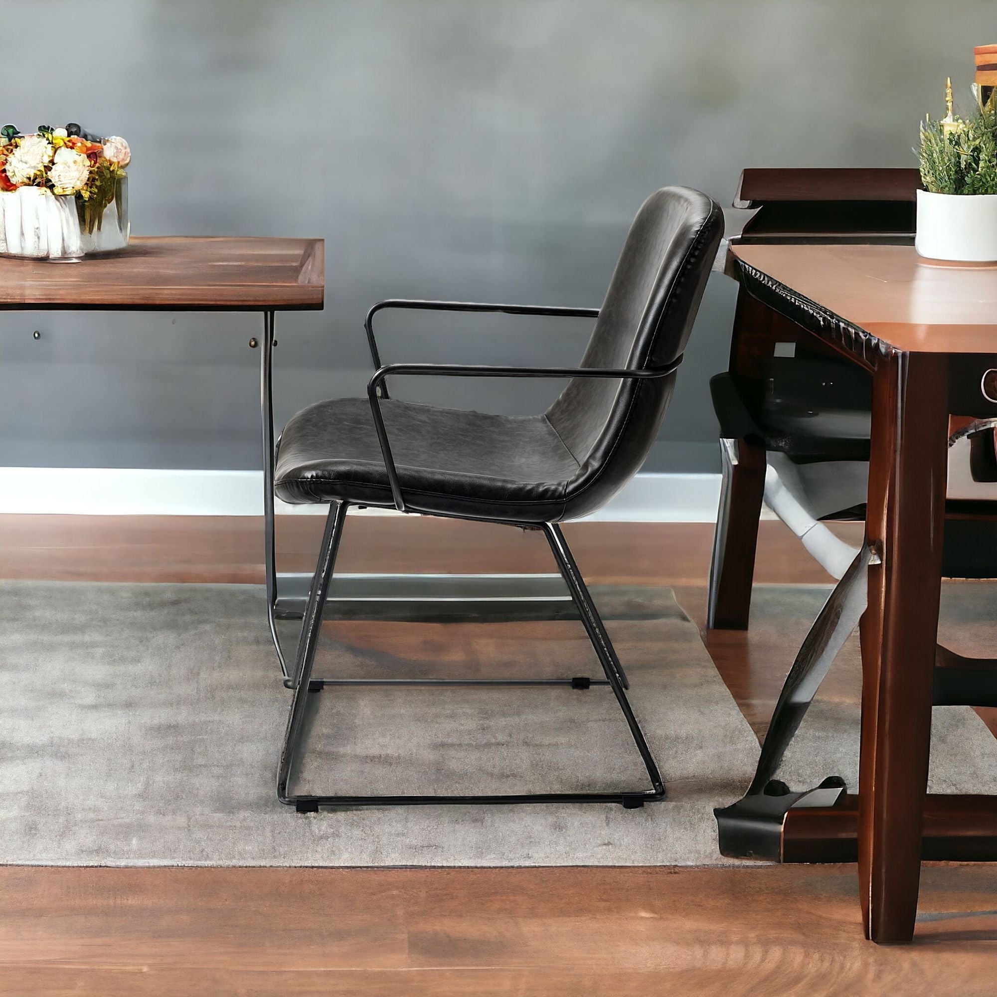 Black Upholstered Faux Leather Dining Arm Chair