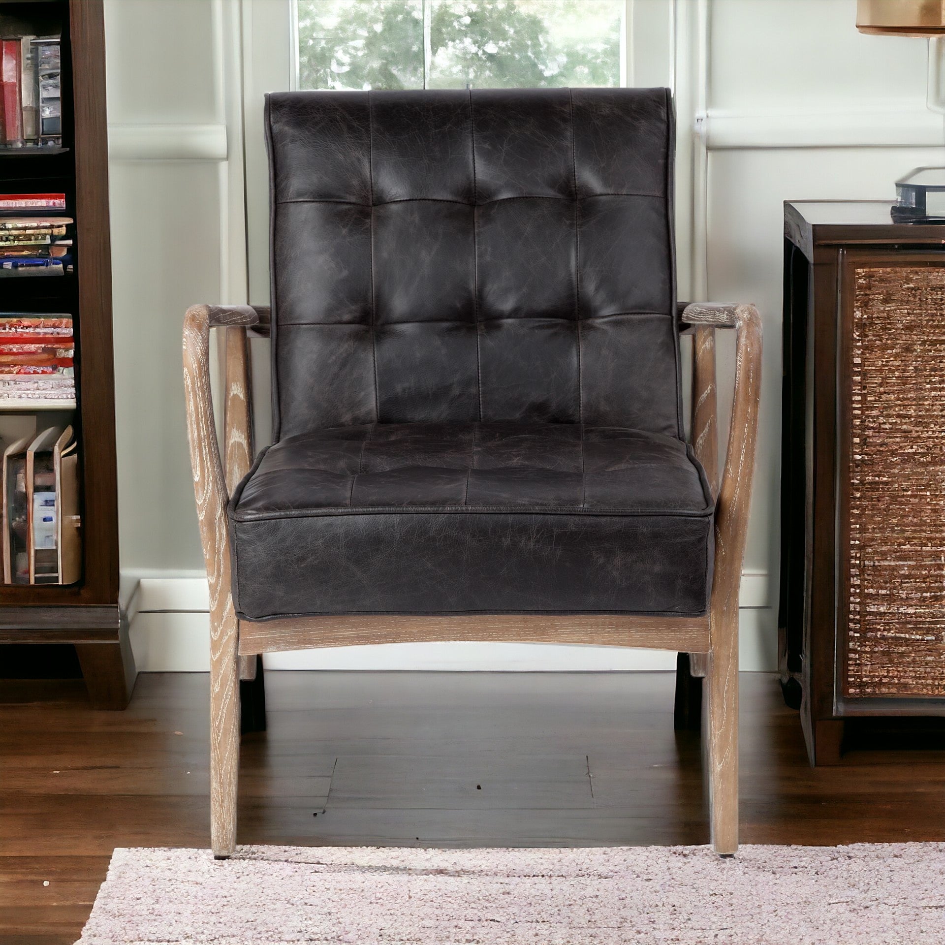 Black Leather Accent Chair With Wrapped Ash Wood Frame