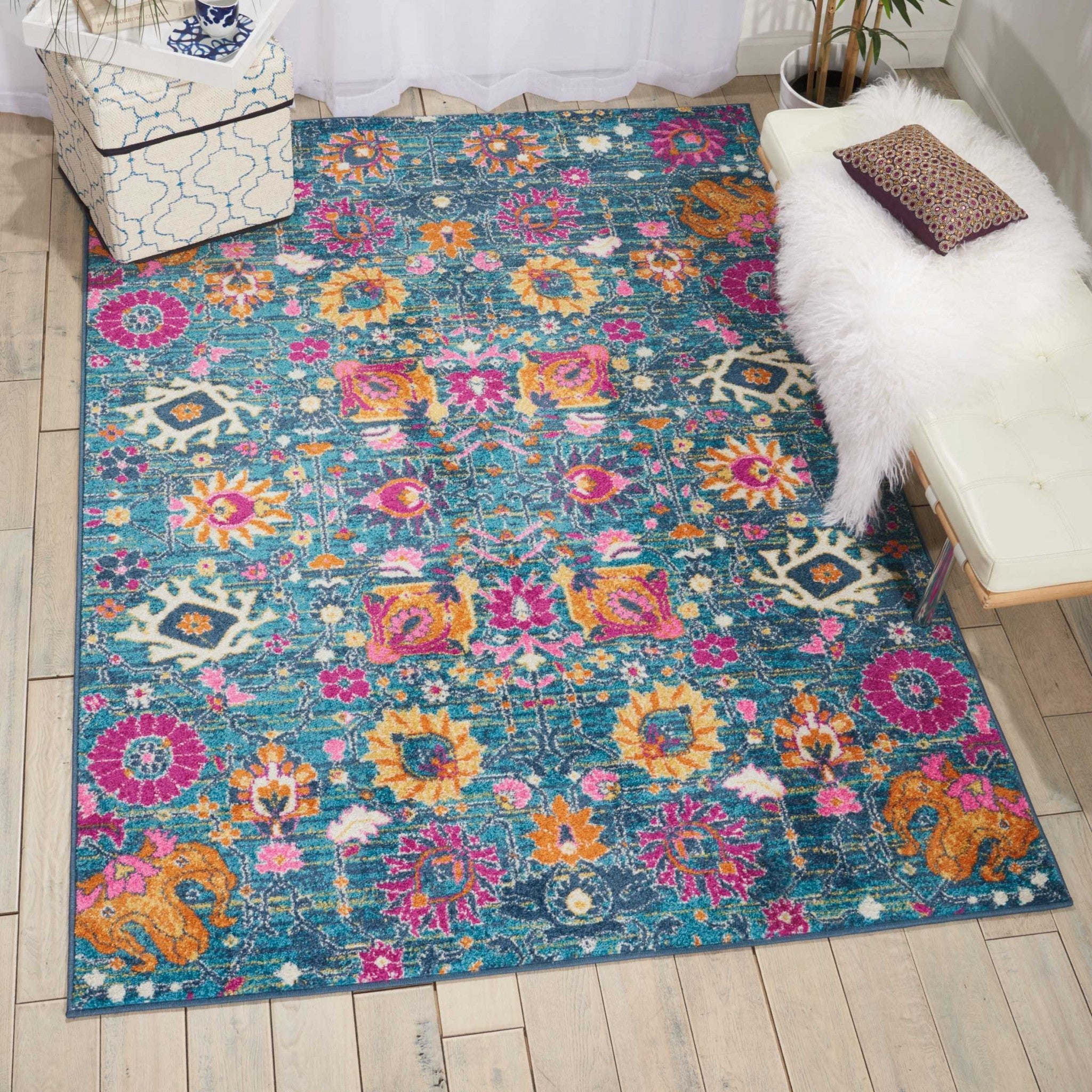 10' Blue And Orange Floral Power Loom Runner Rug