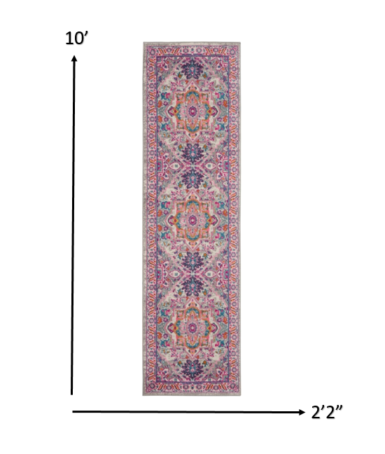 10' Pink And Gray Power Loom Runner Rug