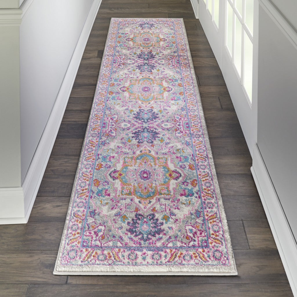 10' Pink And Gray Power Loom Runner Rug