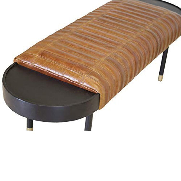 Warm Brown Leather And Solid Wood Bench