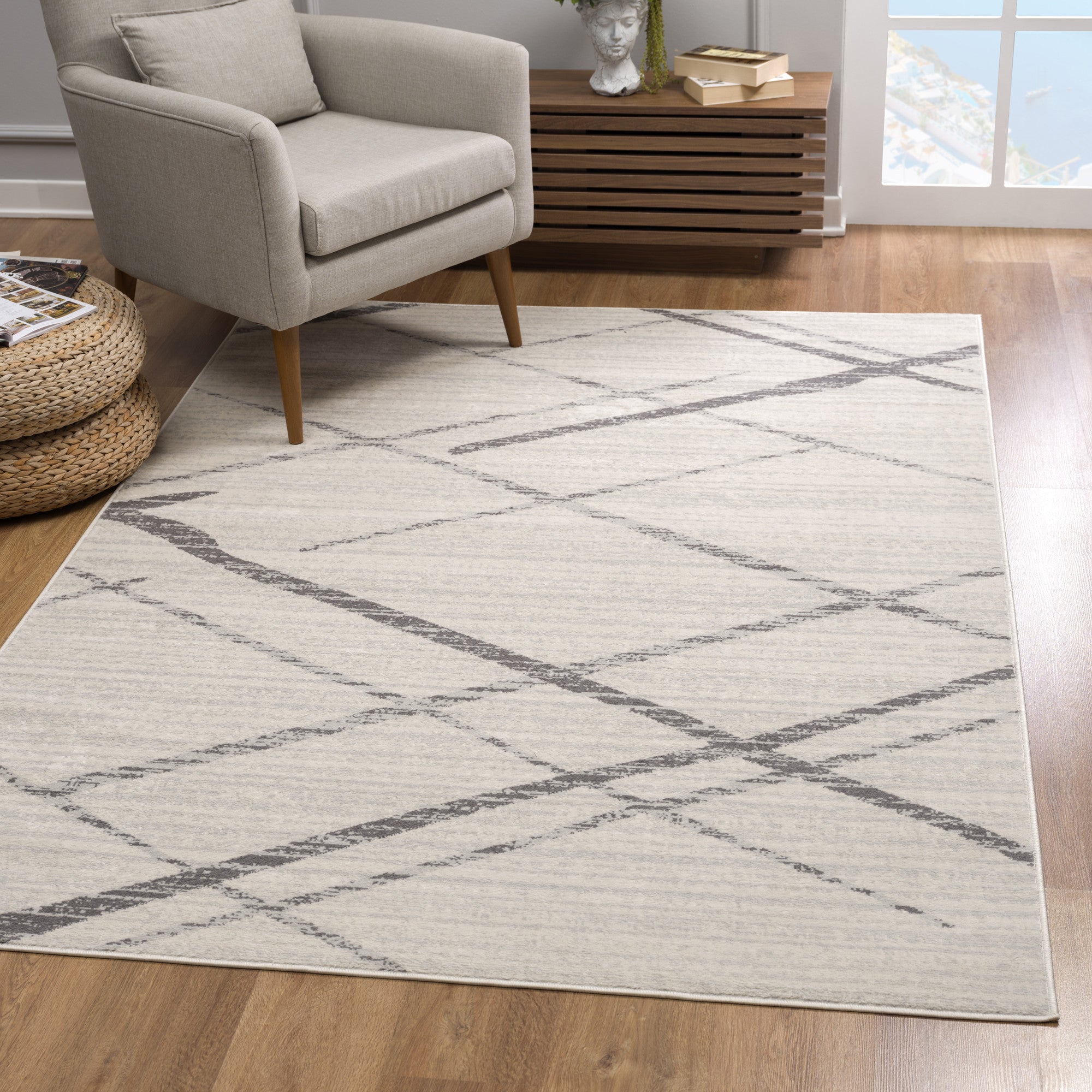 12' X 18' Gray Geometric Washable Non Skid Area Rug