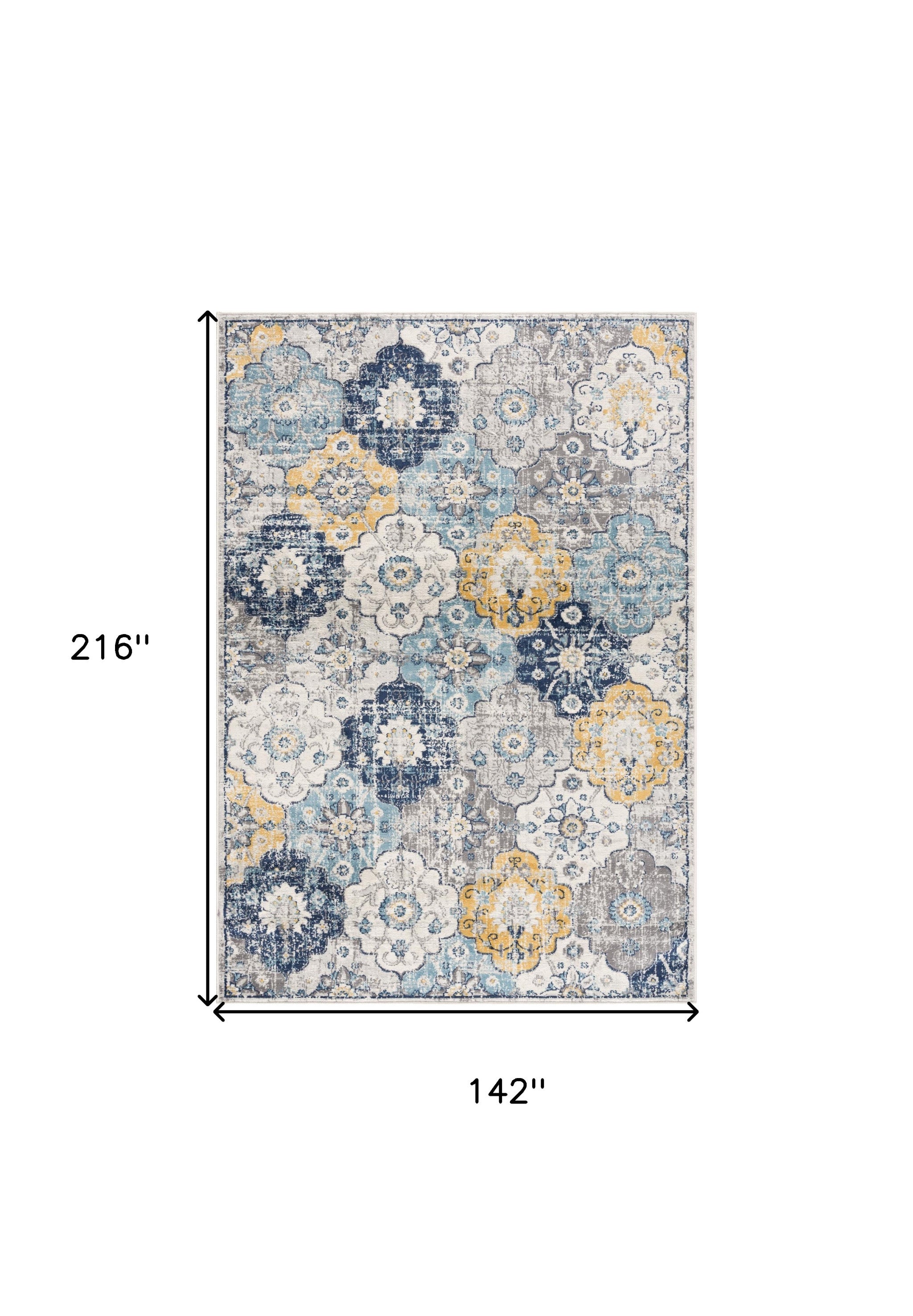 12' X 18' Blue and Yellow Floral Washable Non Skid Area Rug