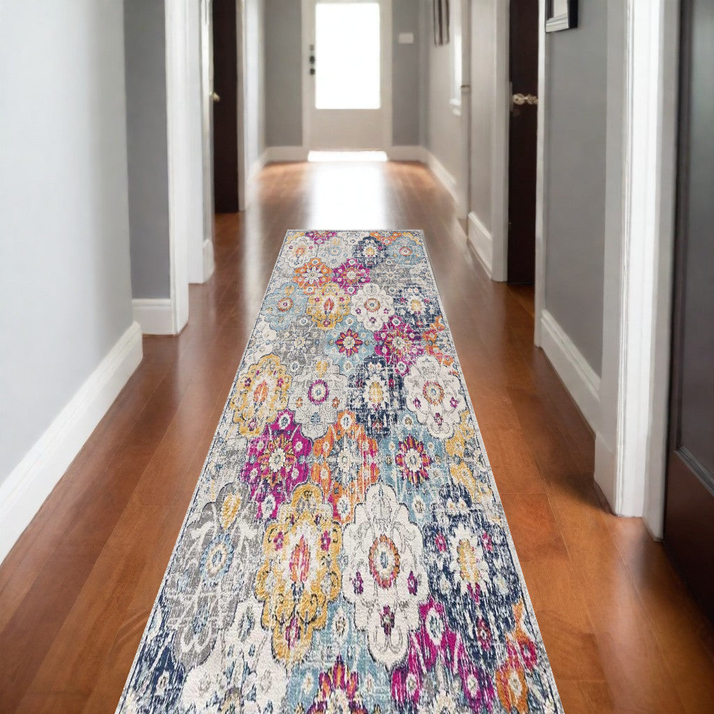 20' Runner Blue and Ivory Floral Runner Rug