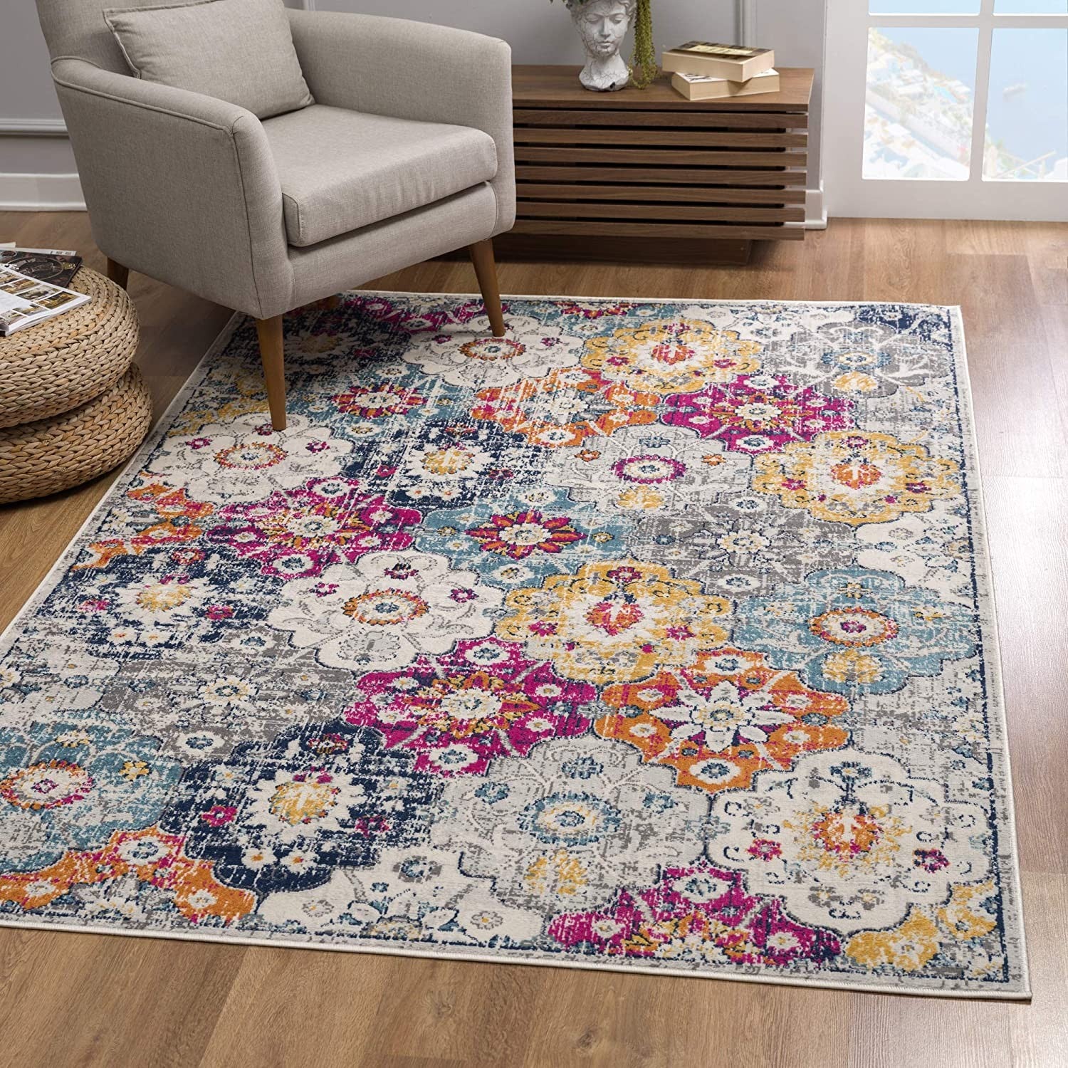 20' Runner Blue and Ivory Floral Runner Rug