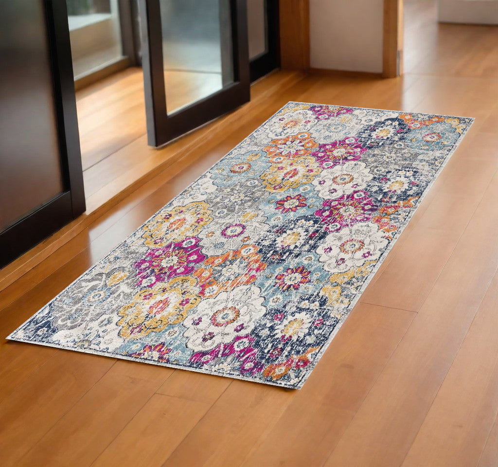 20' Runner Blue and Ivory Floral Runner Rug