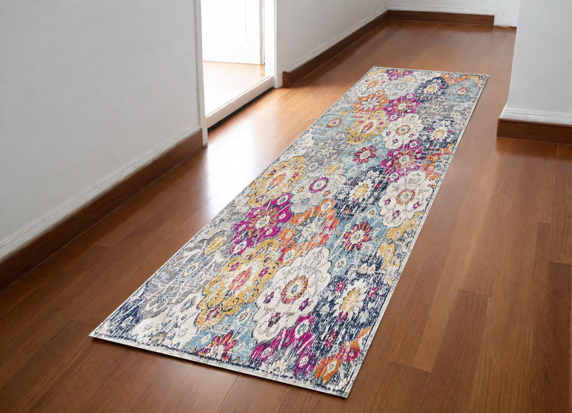 20' Runner Blue and Ivory Floral Runner Rug