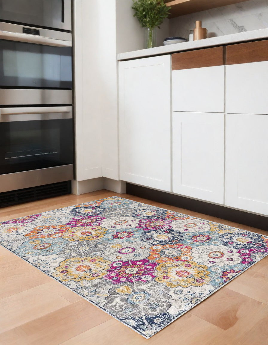 20' Runner Blue and Ivory Floral Runner Rug