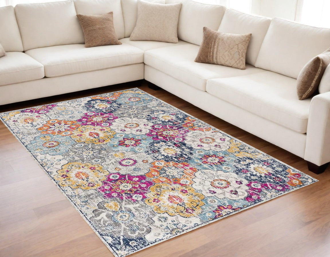 20' Runner Blue and Ivory Floral Runner Rug