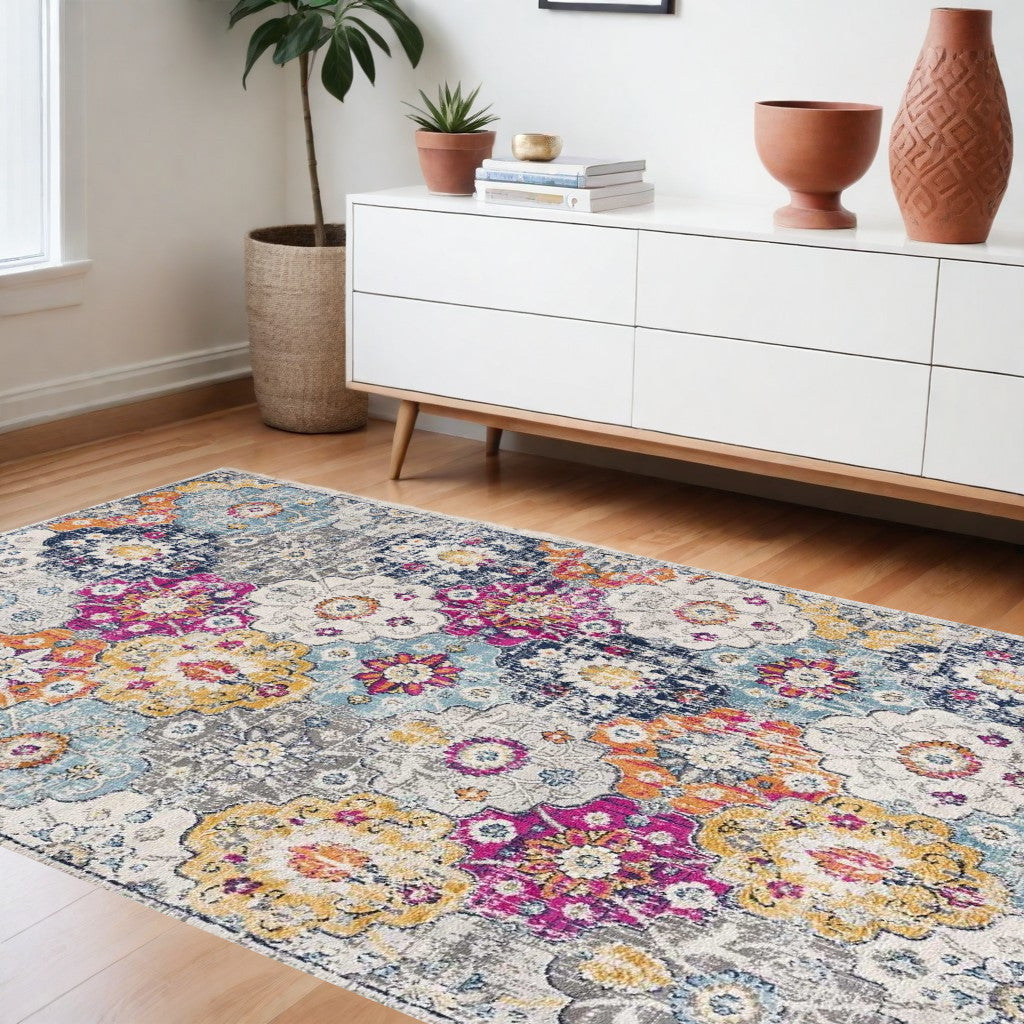 20' Runner Blue and Ivory Floral Runner Rug