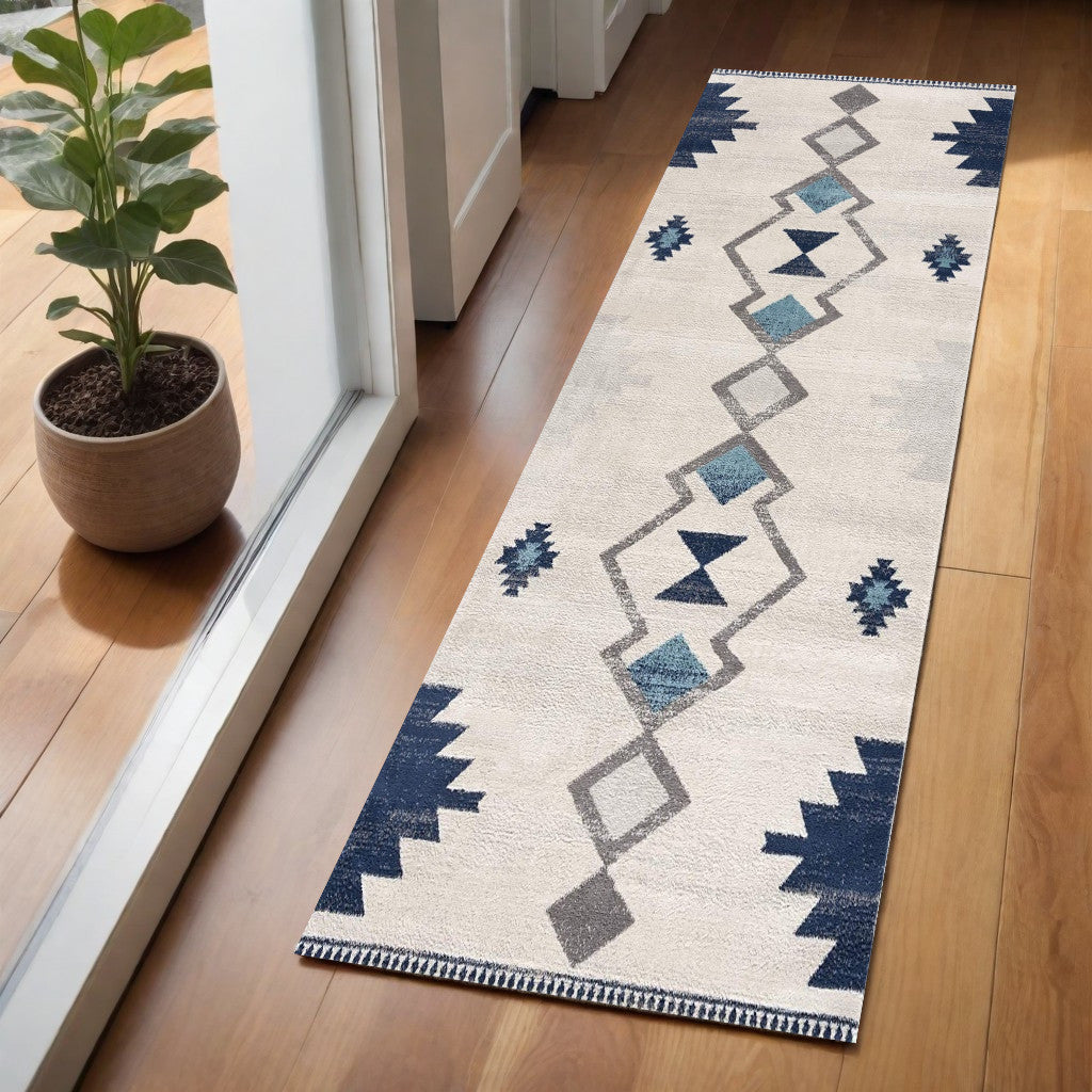 4' x 6' Blue and Ivory Southwestern Area Rug