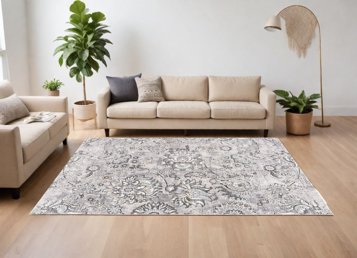 5' X 7' Gray Damask Power Loom Area Rug