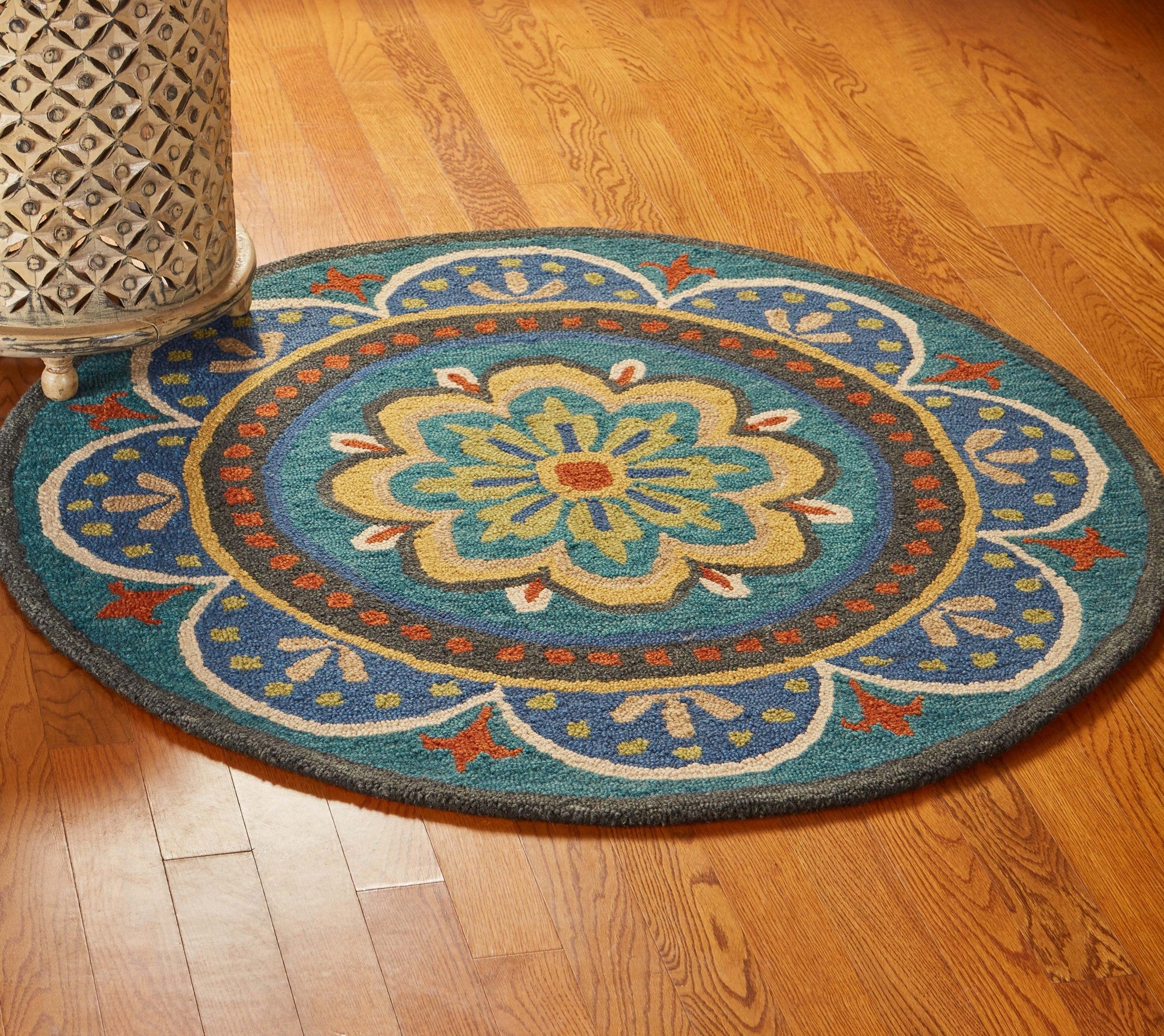 4' Blue and Orange Round Wool Floral Medallion Hand Tufted Area Rug