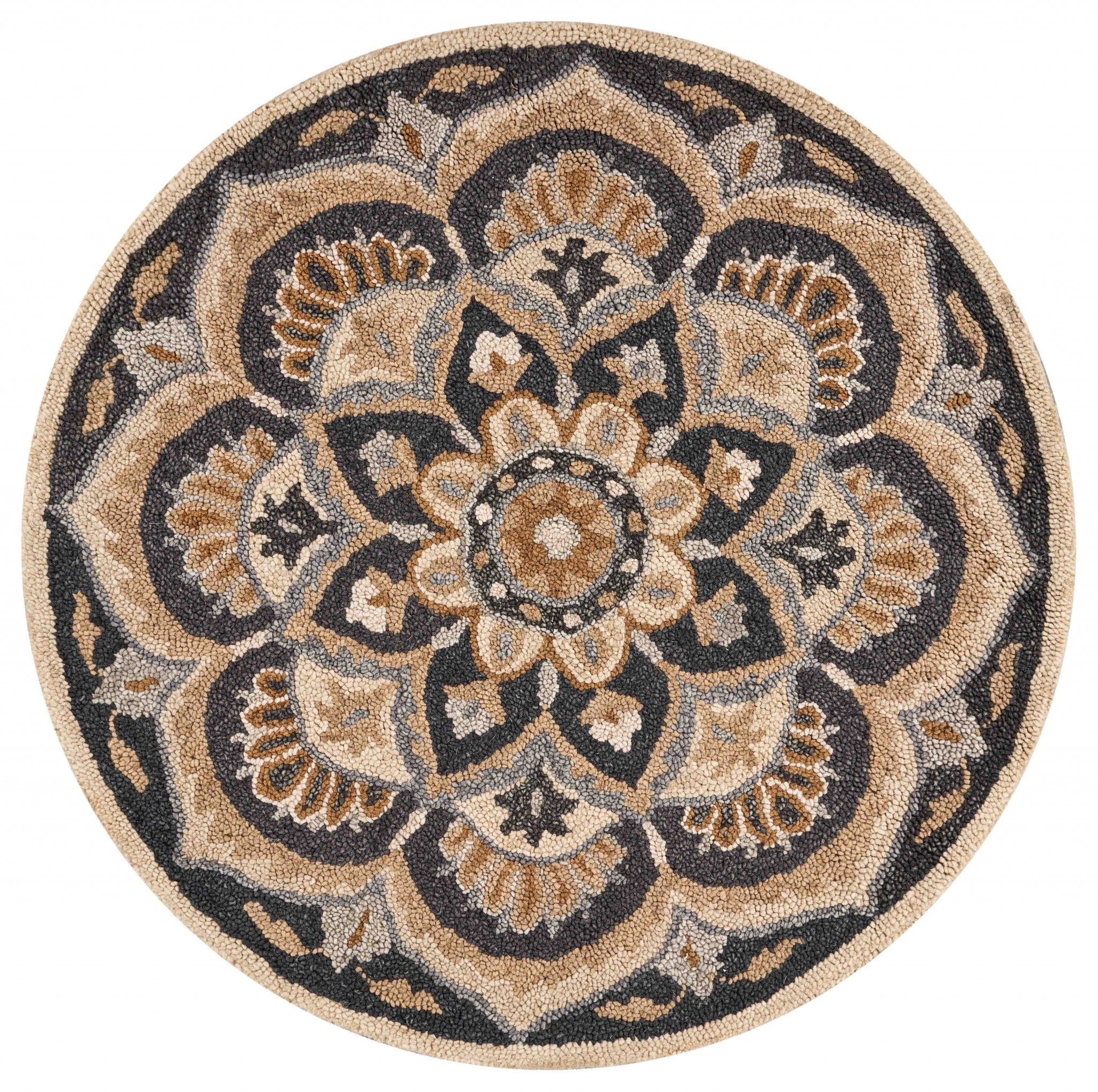 6' Black and Tan Round Wool Floral Medallion Hand Tufted Area Rug