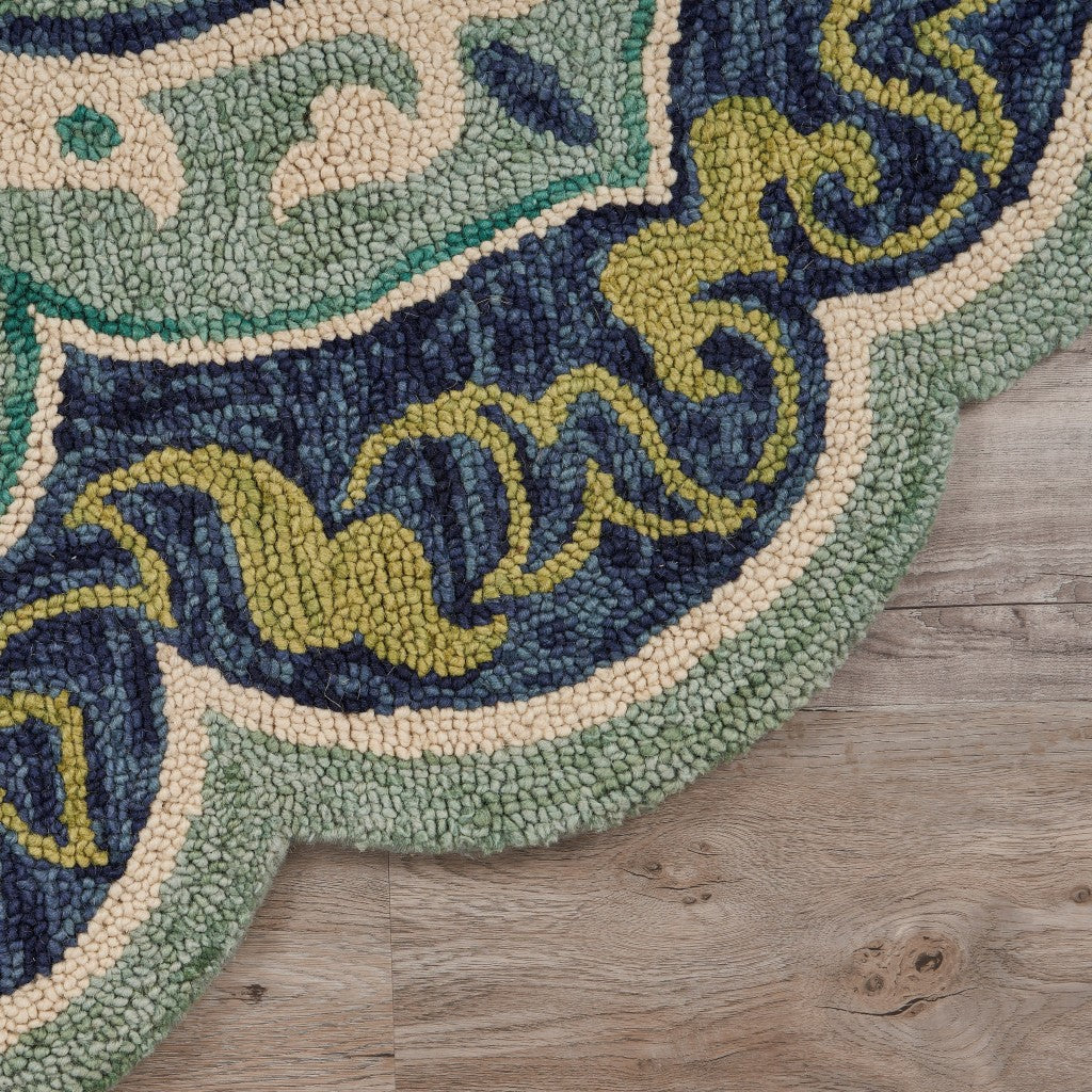 6' Blue And Green Round Wool Geometric Hand Tufted Area Rug