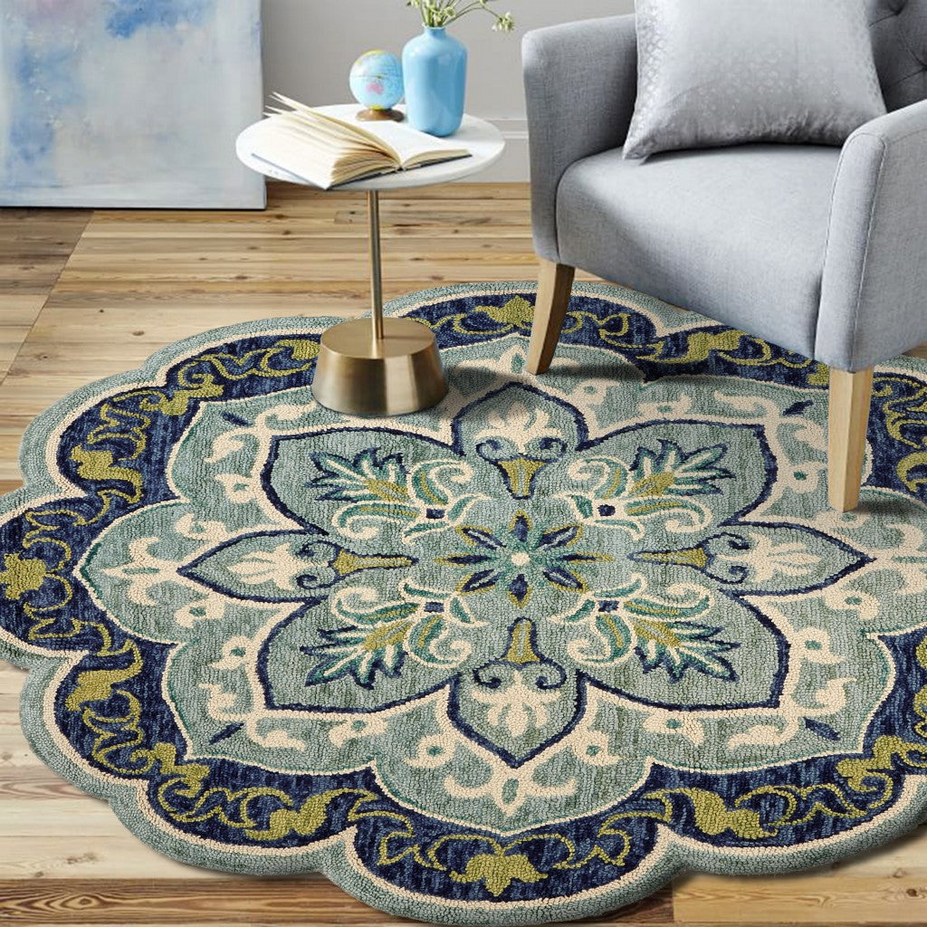 6' Blue And Green Round Wool Geometric Hand Tufted Area Rug