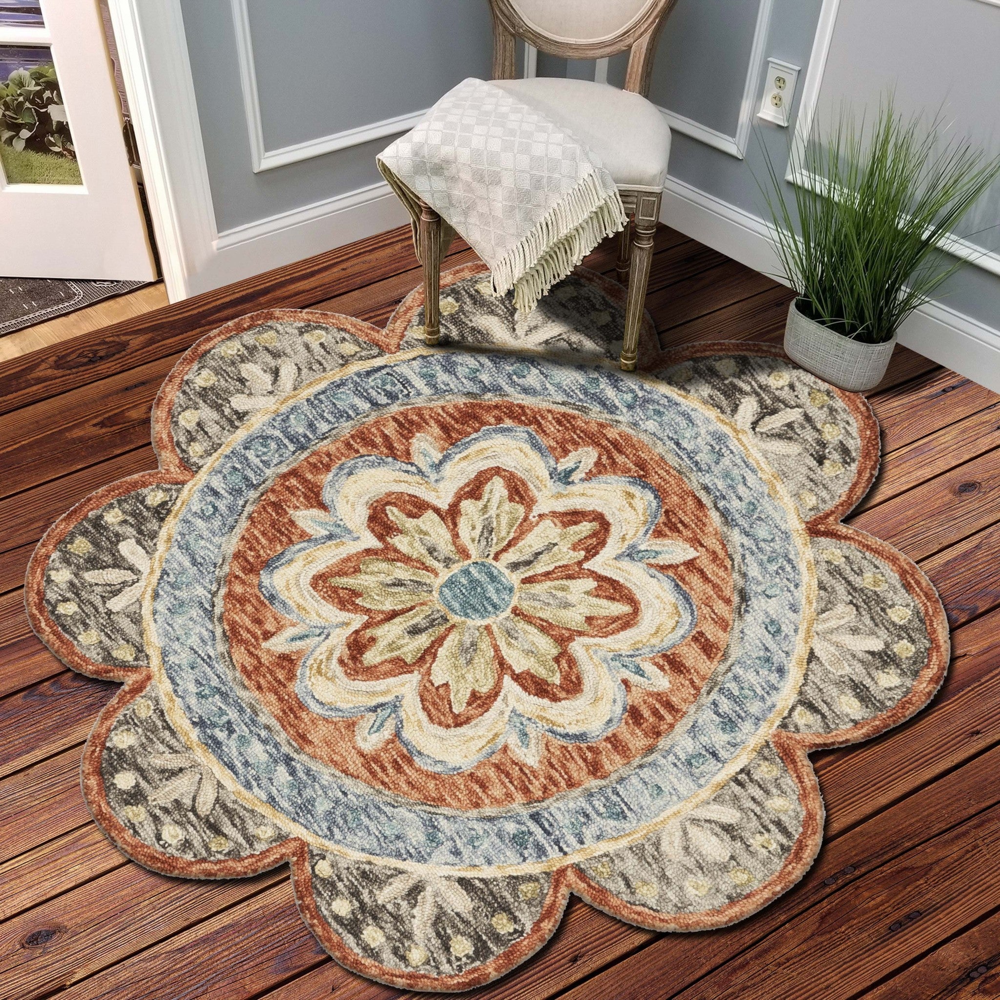 4' Blue Round Wool Floral Hand Tufted Area Rug