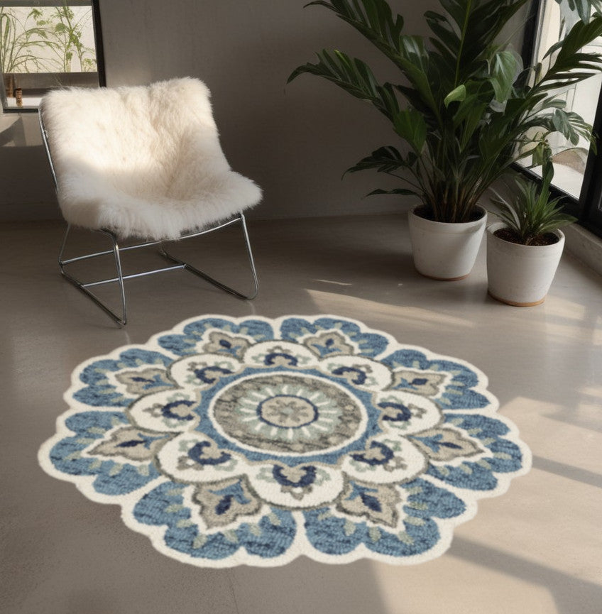 6' Blue And Green Round Wool Hand Tufted Area Rug