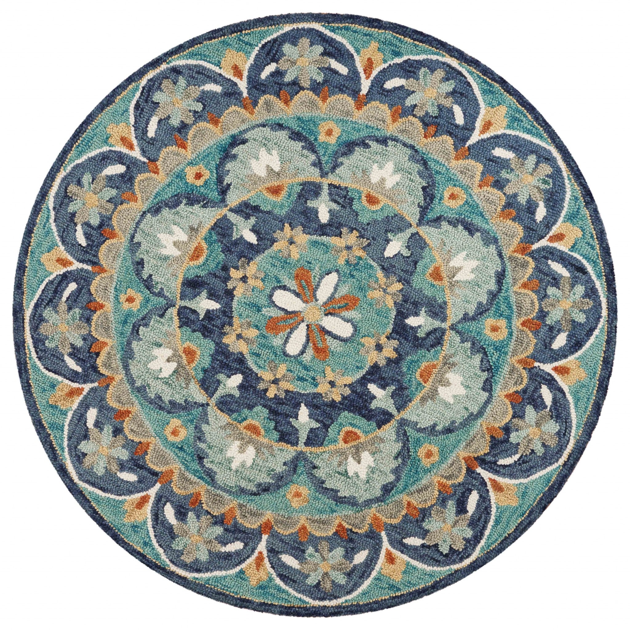 6' Blue And Green Round Wool Floral Hand Tufted Area Rug