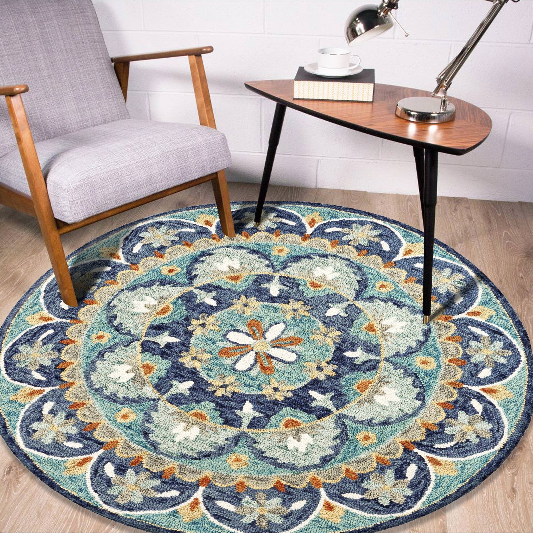 6' Blue And Green Round Wool Floral Hand Tufted Area Rug