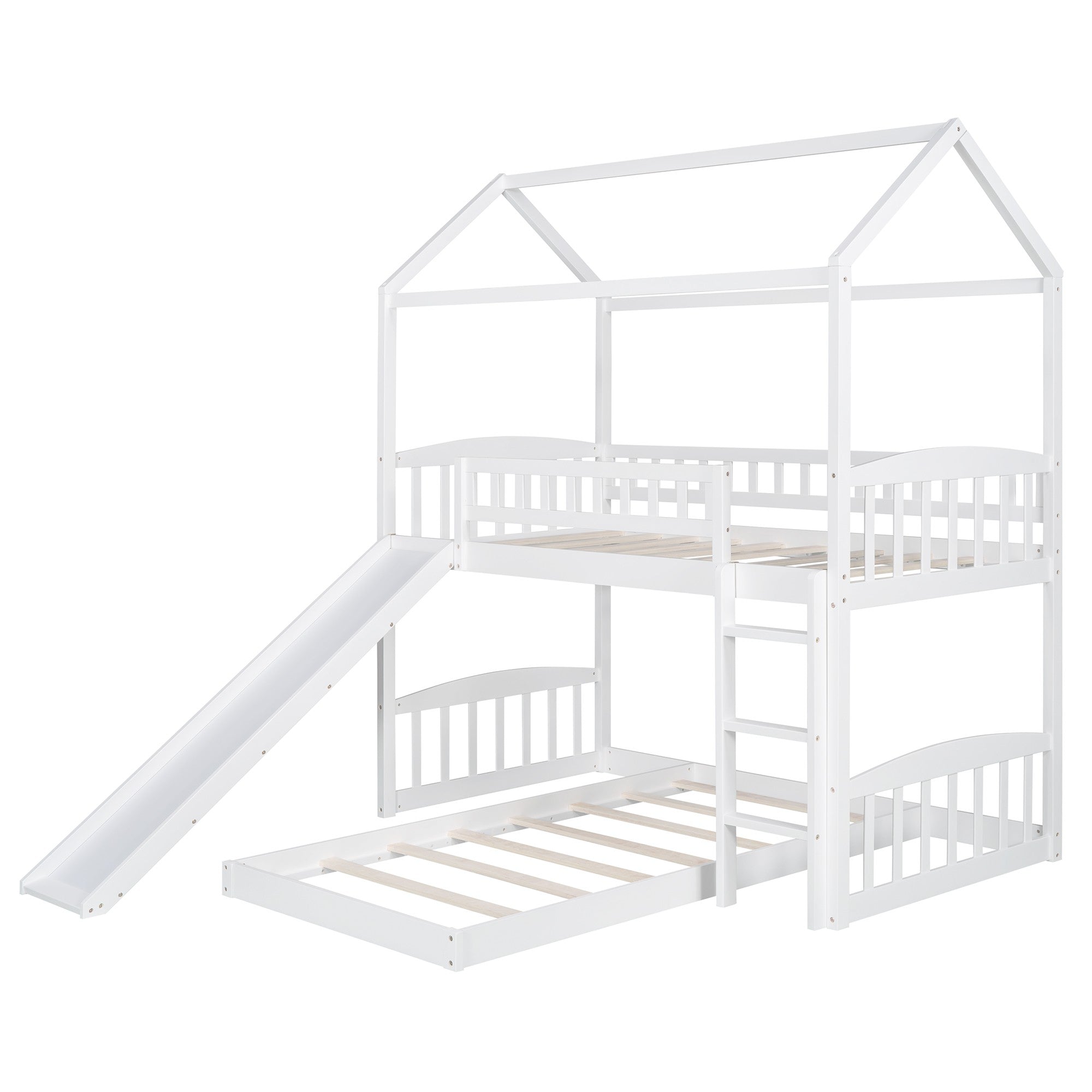 White Playhouse Frame Full Over Full Perpendicular Bunk Bed with Slide