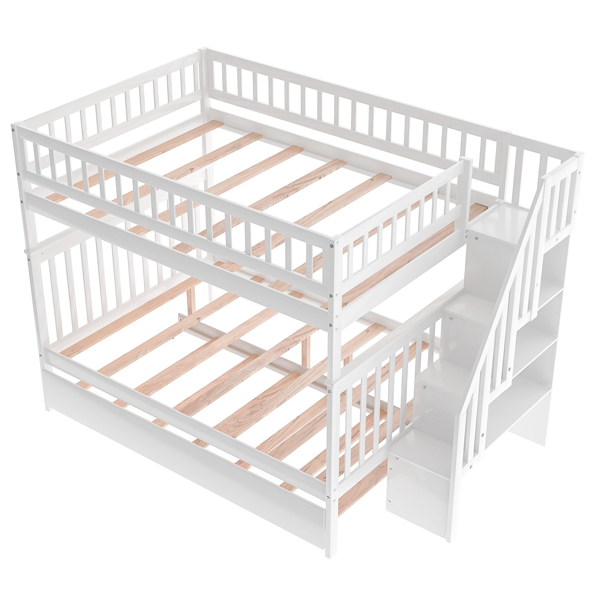 White Full Over Full Farmhouse Style Bunk Bed with Trundle and Staircase