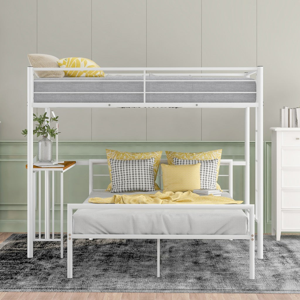 White Twin Over Full Size Metal Bunk Bed with Desk