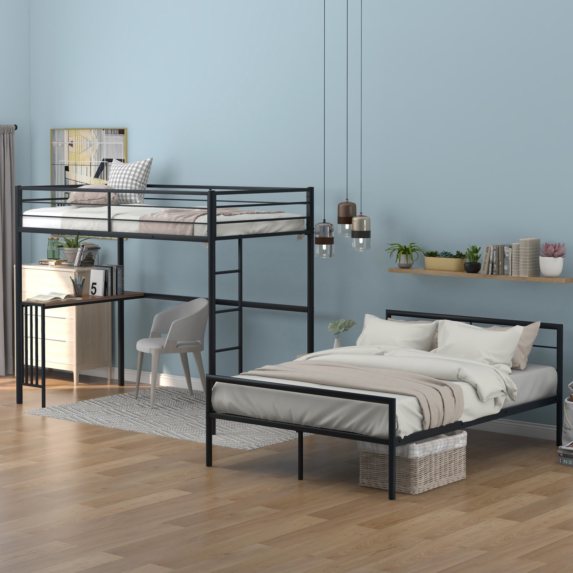 Black Twin Over Full Size Metal Bunk Bed with Desk