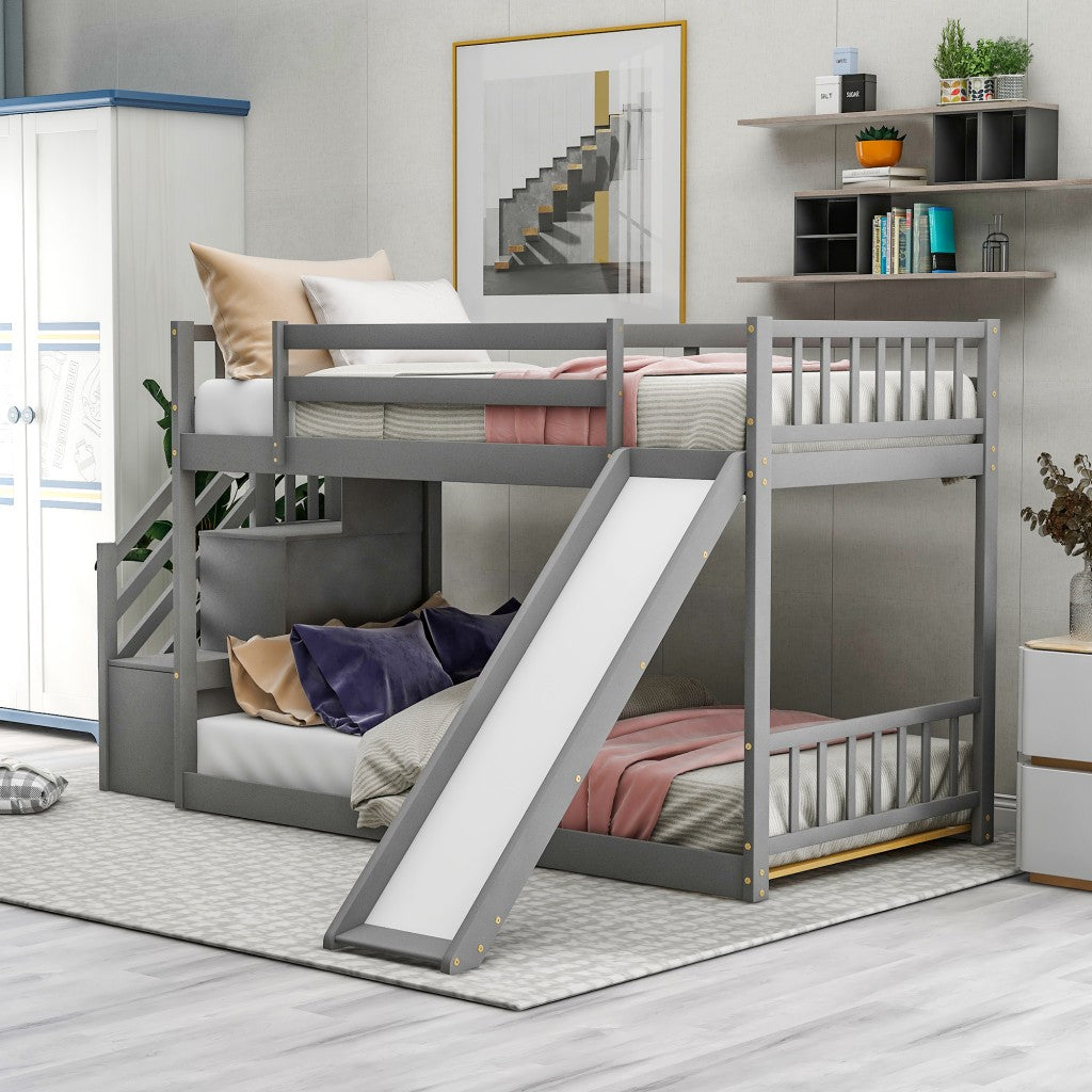 Gray Twin Over Twin Bunk Bed with Stairway and Slide