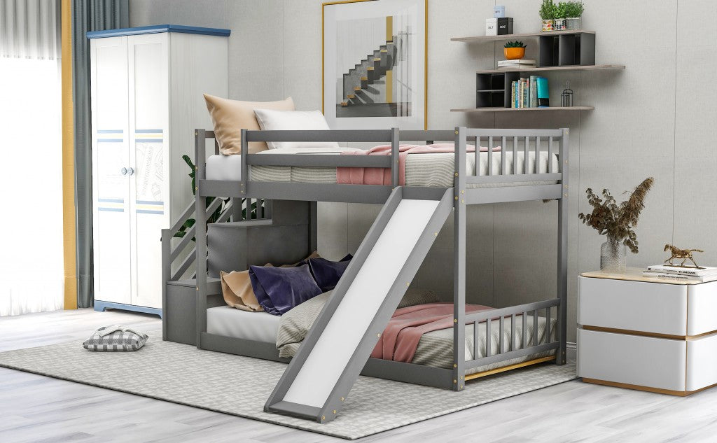 Gray Twin Over Twin Bunk Bed with Stairway and Slide