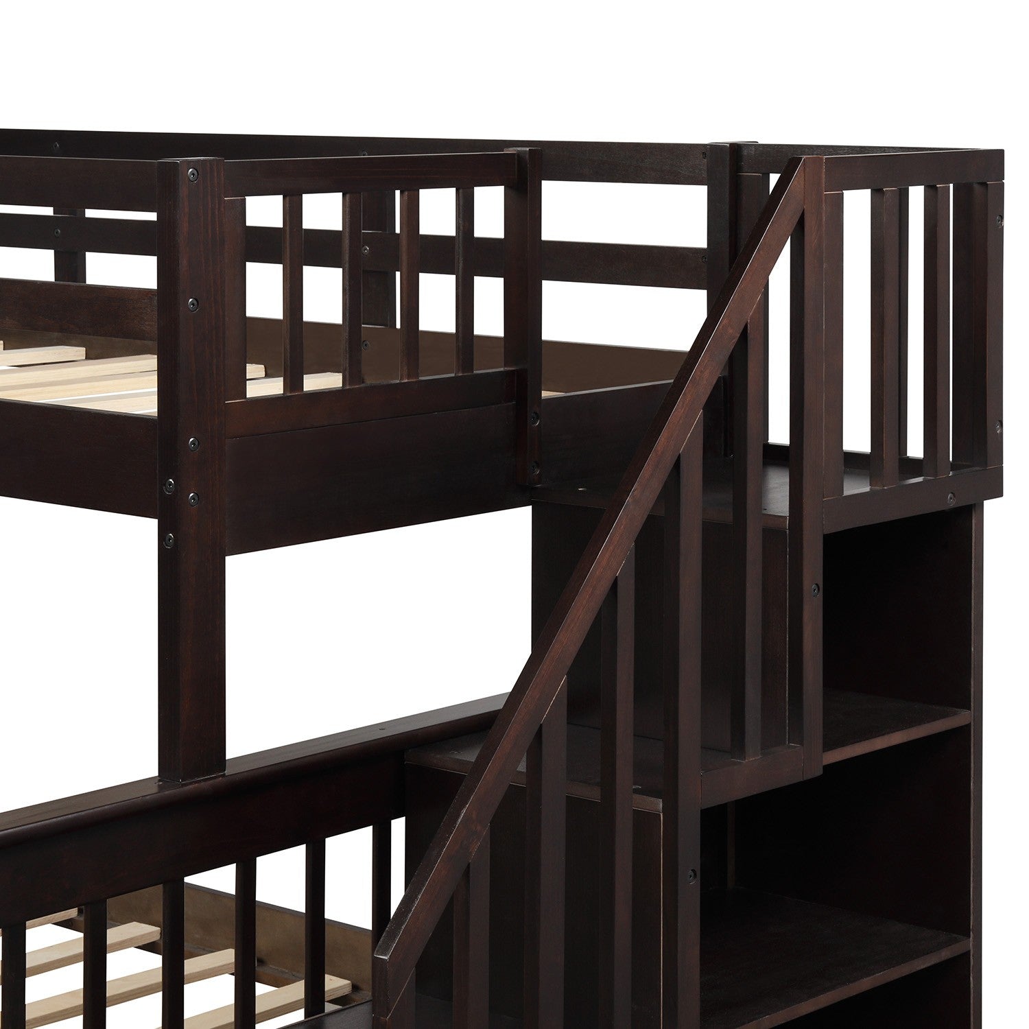 Espresso Twin Over Full Contemporary Bunk Bed With Stairs And Shelves