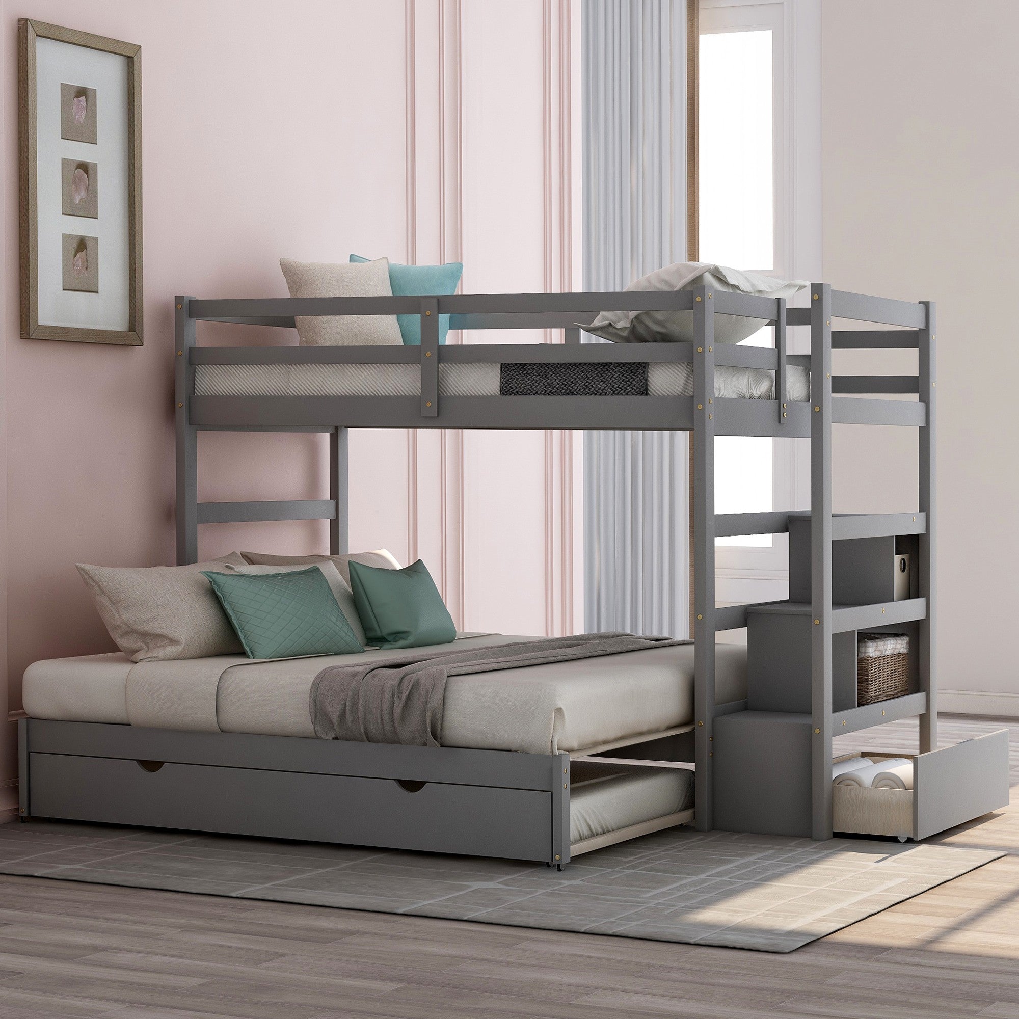 Gray Twin Over Twin Contemporary Bunk Bed With Stairs