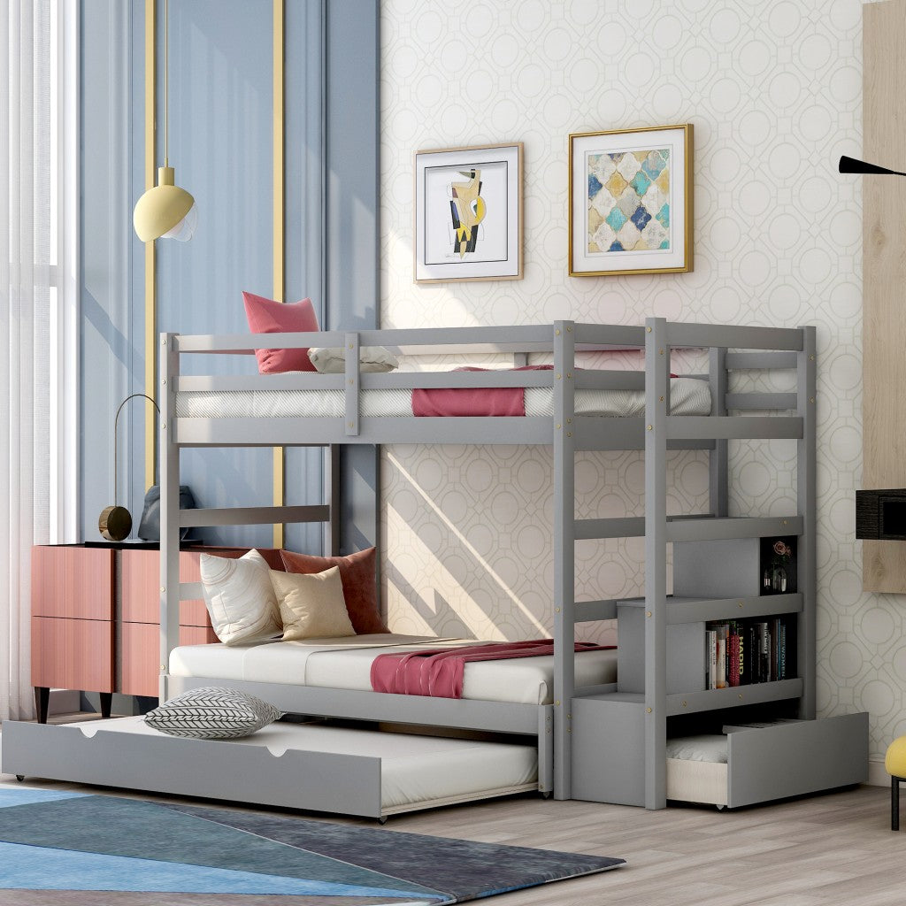 Gray Twin Over Twin Contemporary Bunk Bed With Stairs