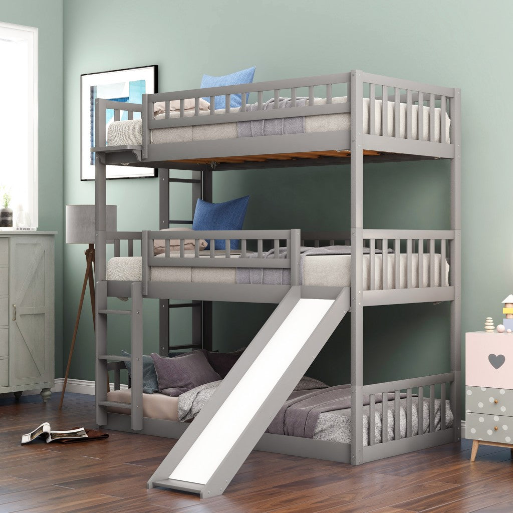 Gray Twin over Twin over Twin Contemporary Manufactured Wood and Solid Wood Bunk Bed