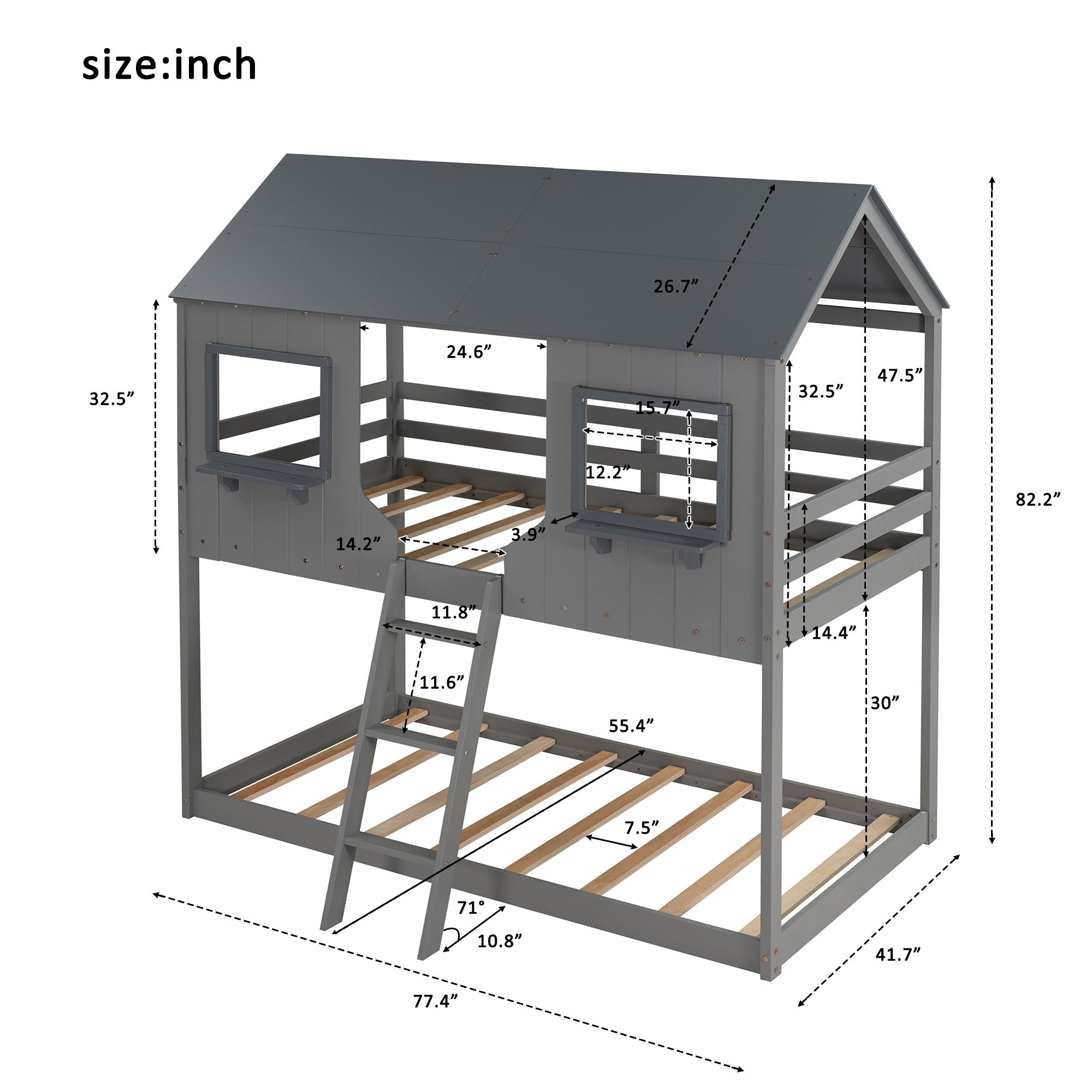 Gray Twin over Twin Contemporary Manufactured Wood and Solid Wood Bunk Bed