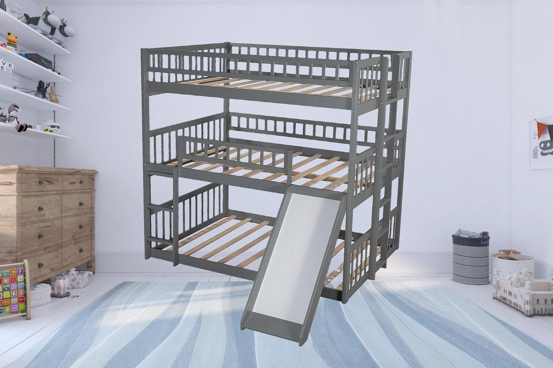 Gray Full Over Full Over Full Contemporary Bunk Bed With Slide