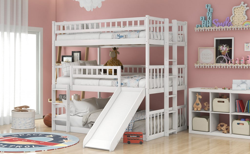 White Full Over Full Over Full Contemporary Bunk Bed With Slide