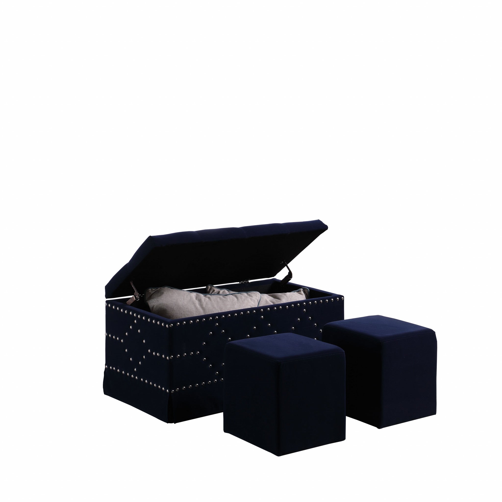 Deep Blue Velvet Nailhead Storage Bench with Ottomans