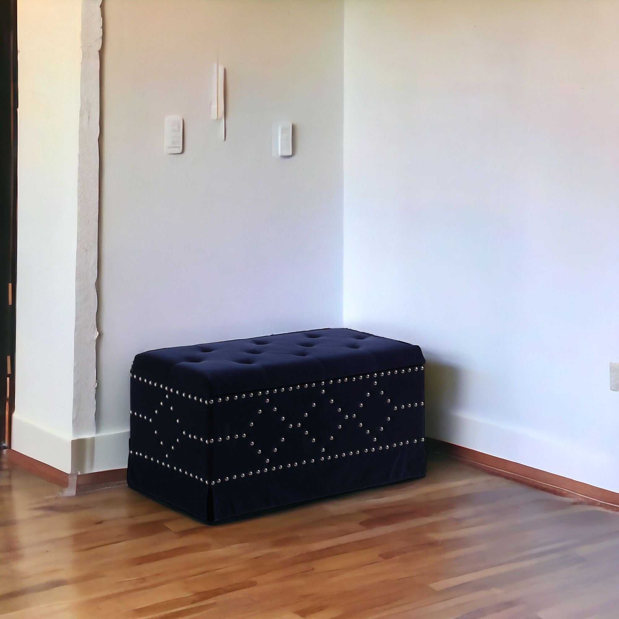 Deep Blue Velvet Nailhead Storage Bench with Ottomans