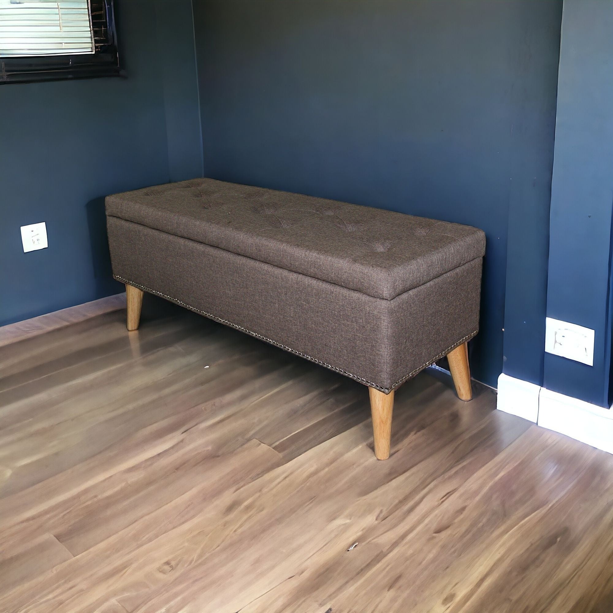 Gray Brown Linen Look Tufted Storage Bench