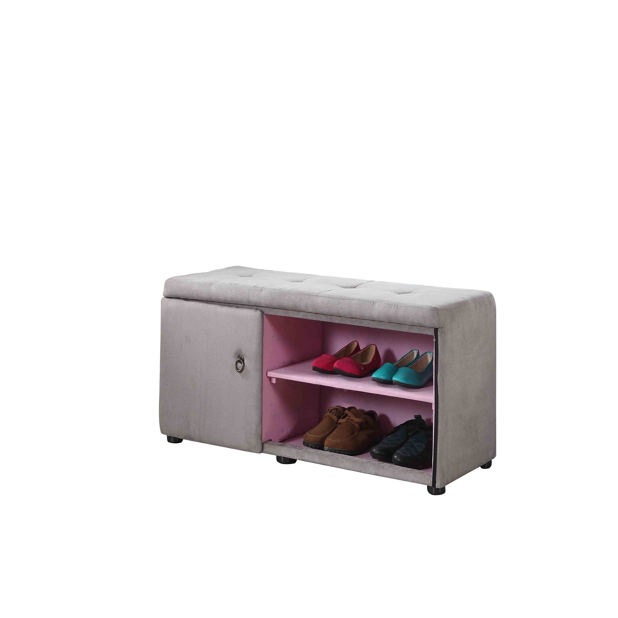 Light Gray and Pink Tufted Shoe Storage Bench